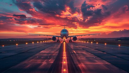 Wall Mural - Airplane on the runway of the airport with a beautiful sunset.