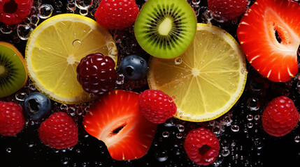 Wall Mural - Variety of fresh juicy tropical fruits background. Splash of vitamins. Healthy and tasty diet. Generative AI