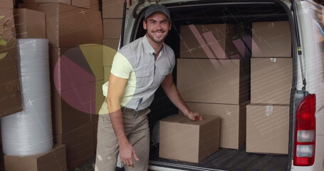 Poster - Image of financial data processing over delivery man loading up car outside of warehouse