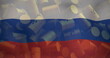 Image of flag of russia over barrels with radioactive symbol
