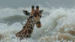 Giraffe swimming in the ocean with a wave, generative ai