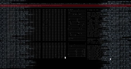Animation of data text and white cursor processing on screen with black background