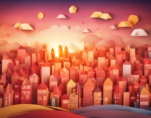 Papermade city at sunset background, city cartoon illustration