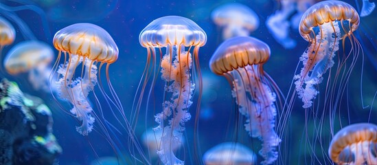 Wall Mural - A group of jellyfish with accentuated tentacles gracefully swimming in an aquarium, their movements mesmerizing under the subtle blue lighting.