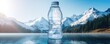 Recycled plastic bottle with clear mountain water in nature, winter season, banner. Generative Ai.