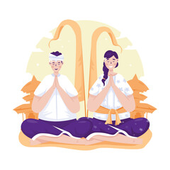 Wall Mural - Balinese couple worship Nyepi ceremony illustration