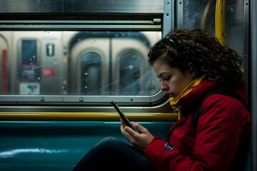 Wall Mural - A sad woman sitting alone on a bus looking at her phone