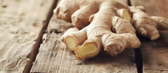 Poster - A close-up view of a vibrant ginger root resting on a wooden table, showcasing its freshness and natural appeal in isolation.