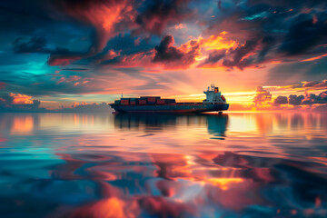 cargo ship passes through the water at sunset