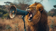Lion holding megaphone with its mouth open, generative ai