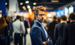 © Bartek - Focused young businessman at an industry conference, observing exhibition stands and networking opportunities in a crowded event hall with blurred participants