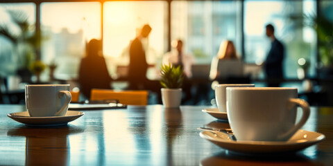 Poster - Close-up of coffee cups on a conference room table with blurred business professionals engaging in discussions in a bright corporate office environment