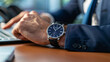 Businessman showing wristwatch in office desk. Generative AI