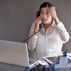 Aufkleber - Confused, woman and phone call in office for conversation on work, communication and uncertain for small business. Female person, talking and discussion on startup company with laptop for research.
