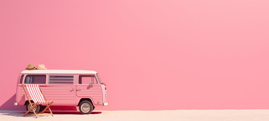 Wall Mural - Small hippie pink minivan on a sunny summer day with a sunbathing chair. Summer holiday concept at sea or ocean	
