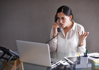 Sticker - Upset, woman and phone call in home office for conversation on work, frustrated and speaking on business for networking. Person, annoyed and discussion on startup company with laptop for research