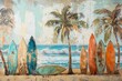 A beach scene with palm trees and surf boards standing up in the sand. Muted colors, soft colors, blue, tan, orange, green, white 