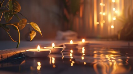 Elegant luxury spa area near a bathtub pool with folded fluffy white towels in a spa in soft colors, with softly lit candles around and flowers and plants nearby