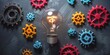 light bulb and gears on blackboard top view, social innovation 