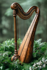 A wooden harp rests atop a vibrant green forest, symbolizing Happy St. Patricks Day