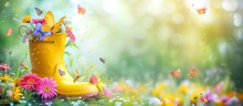 Yellow Rubber Boot With Spring Flowers Inside And Butterflies Around On Bright Background, Concept Of The Arrival And Celebration Of Spring, Banner With Copyspace