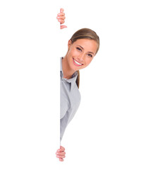 Sticker - Woman, smile and studio with mockup for poster on white background in business, company and marketing. Female person, entrepreneur and happiness with display in copy space for advertise and sales