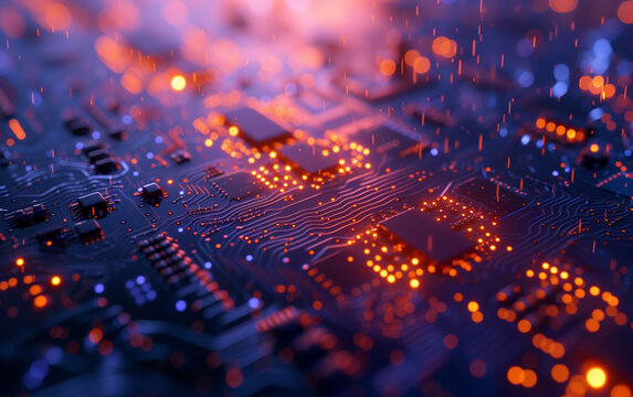computer motherboard and processor unit fan rotating and cooling system, close up photo with blue light flare.