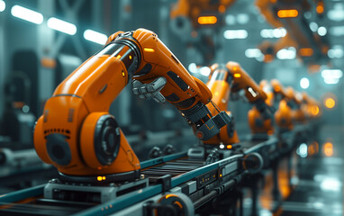 Smart industry robot arms modernization for innovative factory technology . Concept of automation manufacturing process of Industry 4.0 or 4th industrial revolution and IOT software control operation.