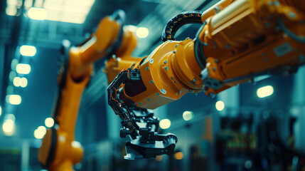Poster - modern AI robotic arm working in a factory, advanced futuristic artificial intelligence technology, AI automation replacing humans concept