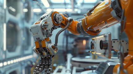 Poster - modern AI robotic arm working in a factory, advanced futuristic artificial intelligence technology, AI automation replacing humans concept