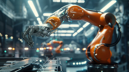 Poster - modern AI robotic arm working in a factory, advanced futuristic artificial intelligence technology, AI automation replacing humans concept