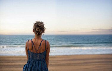 Wall Mural - woman walking on the beach viewed from behind created with Generative AI technology