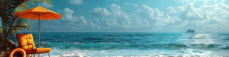 Poster -  banner, summer background with beach umbrella with chair and rubber ring , beach vibes decorate