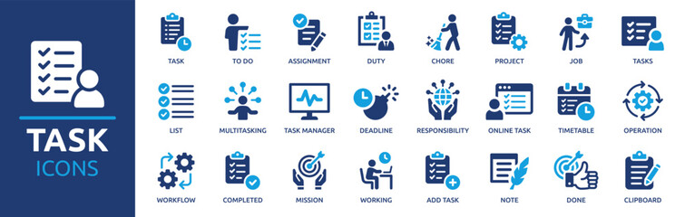 Poster - Task icon set. Containing project, to-do list, job, workflow, clipboard, multitasking, assignment and more. Solid vector icons collection.