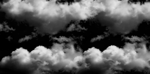 Canvas Print - Luxury smoke on black background. White Cloud Isolated on Black Background. Good for Atmosphere Creation. White cloudiness, mist or smog overlay backgrounds. Wide sky and clouds dark tone. 
