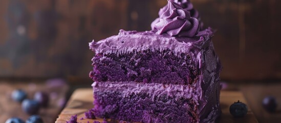 Poster - A piece of purple potato cake is placed neatly on a wooden table. The vibrant purple color of the cake contrasts against the natural brown of the table, creating an eye-catching display.