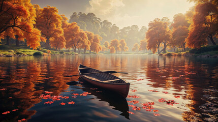 Canvas Print - boat on the river in the autumn morning created with Generative AI technology