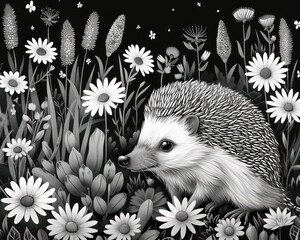 Wall Mural - Shadow of Mystery. Hedgehog Monochrome Tale of Intrigue and Suspicion, Where a Prickly Companion Navigates the Shadows of the Night