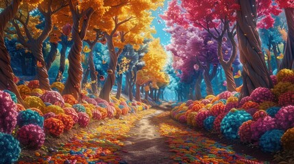 Wall Mural - vibrant pop art expedition with colorful journey through the autumnal forest, where nature's palette