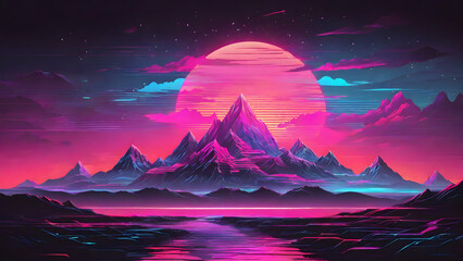 Wall Mural - Sunset over the mountains. Synthwave retrowave wallpaper style with a cool and vibrant neon.