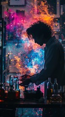Wall Mural - silhouette of a scientist against a vibrant cosmos fusion of art and science, where the boundless un