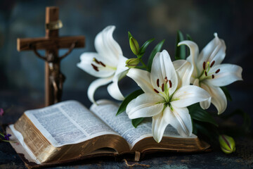 Wall Mural - Serene Good Friday scene with an open Bible and white lilies, symbolizing purity and reflection. Open Bible with lilies for Good Friday