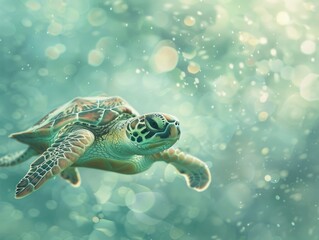 Canvas Print - Dreamy Turtle Journey. Soft Focus in the Ethereal Ocean Capturing the Grace of Underwater Life Tranquil Exploration of Wildlife in the Tropics