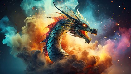 Wall Mural - dragon and color smoke