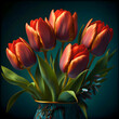 Field of red tulips close-up, blue sky, red sunset.AI Generated