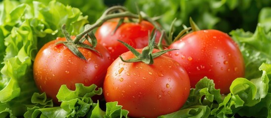 Wall Mural - Three vibrant tomatoes are placed on top of a bed of fresh, crisp lettuce, creating a visually appealing display of colors and textures.