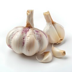 Wall Mural - Garlic isolated on white background with shadow. Clove of garlic isolated. Garlic top view. Flavourful garlic herb for food preparations