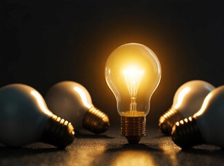 Wall Mural - Light bulb illuminated isolated on dark black background. Concept of Innovation.