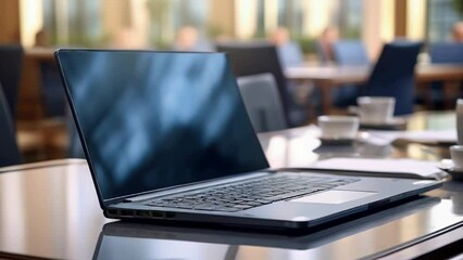 Poster - A laptop computer sitting on top of a table. Perfect for technology or office related projects.