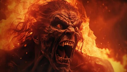 Poster - Close up of a person with fire in the background. Suitable for various projects.